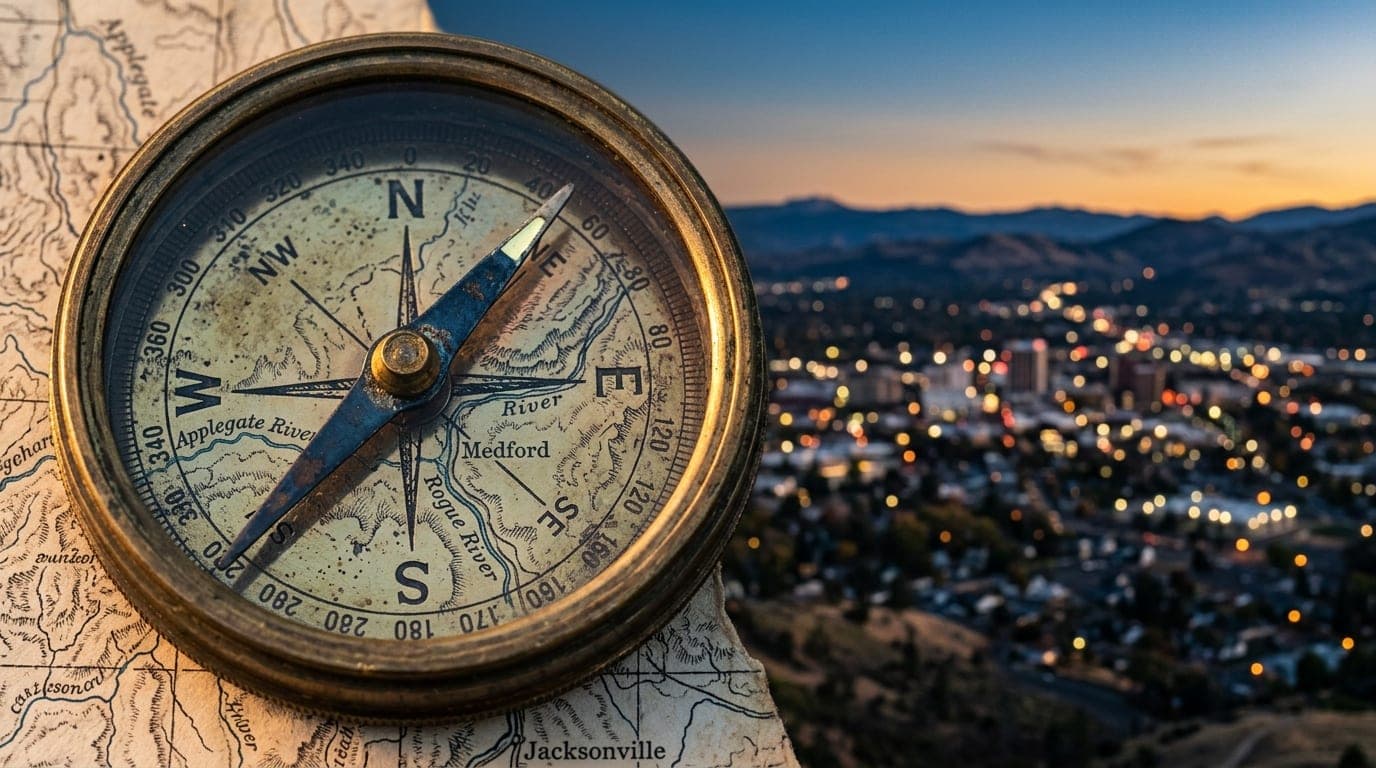 Extreme close-up macro of a vintage, weathered brass compass needle resting on a map of the Rogue Valley, golden hour ligh...