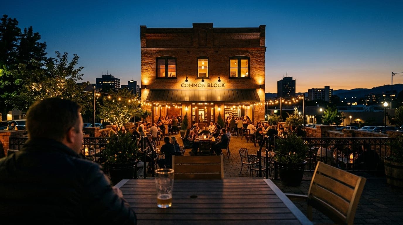 A centered 24mm wide-angle shot of the Common Block Brewing outdoor patio at blue hour. The illuminated brick architecture...