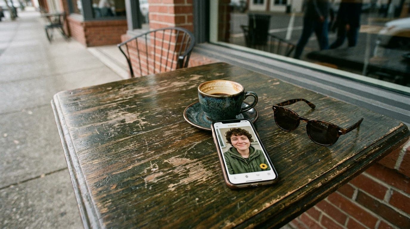 A 35mm documentary shot, overhead angle, shows a smartphone displaying a Bumble profile on a worn bistro table outside a d...