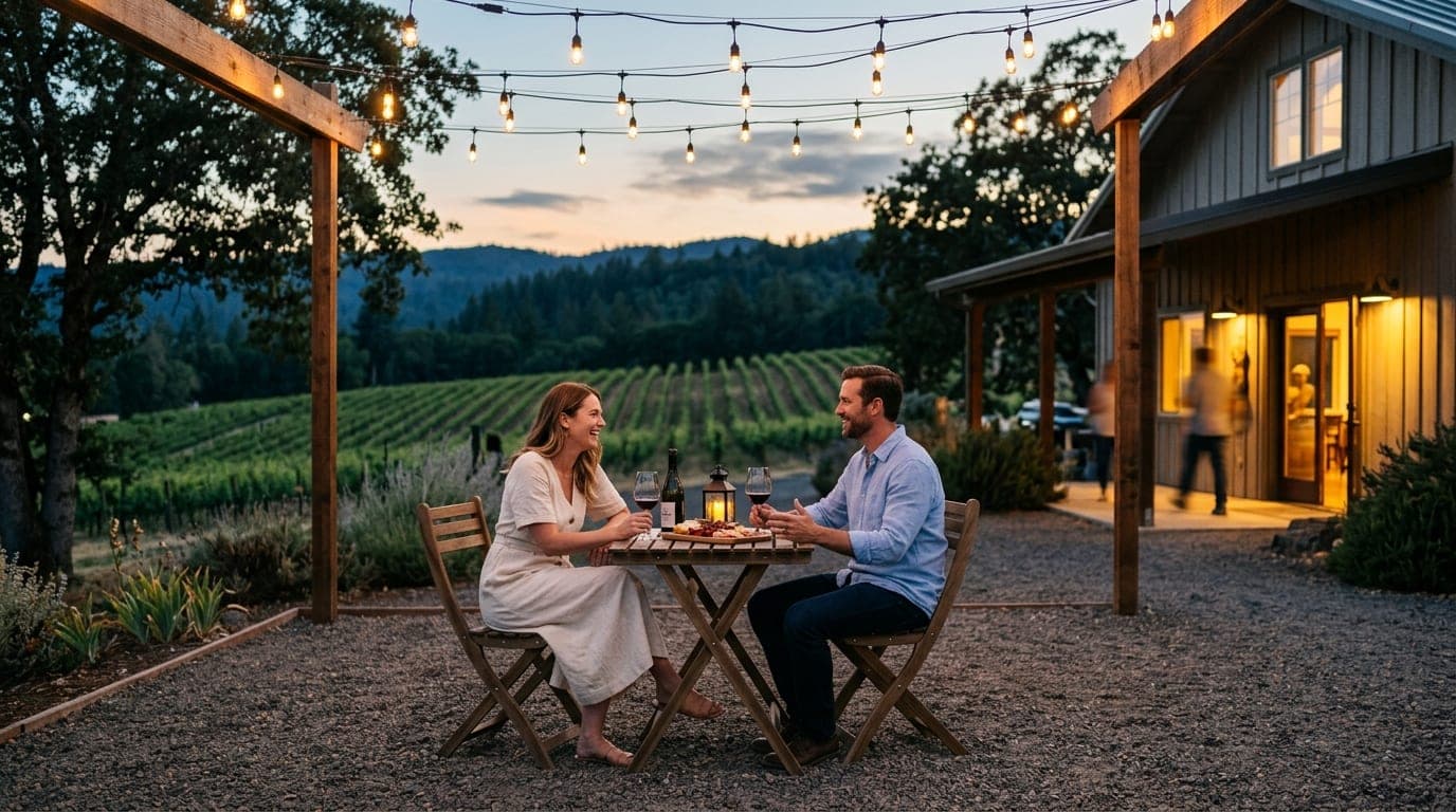 A wide establishing shot of 2Hawk Vineyard at dusk. A couple in casual linen attire sits at a bistro table, offset left, u...