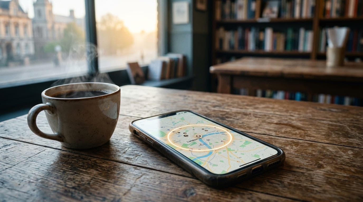 A close-up shot of a smartphone screen displaying a Feeld profile map with a 50-mile radius ring, resting on a worn wooden...