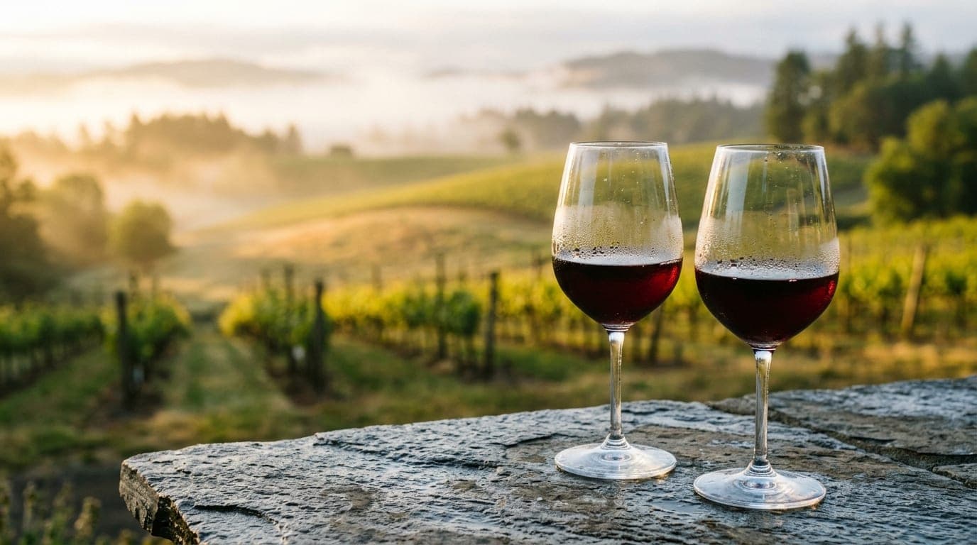 A 35mm documentary close-up at golden hour captures two chilled glasses of local Pinot Noir on a weathered slate patio tab...