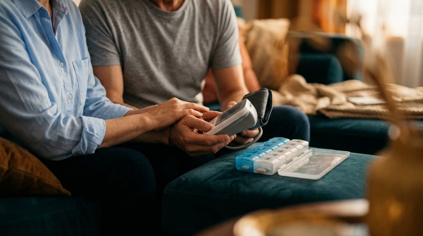 A couple in soft cotton shirts sits on a velvet couch, hands gently touching while they examine a blood pressure monitor a...