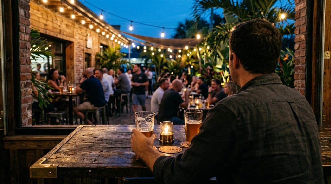 An over-the-shoulder view from a high-top table at an Eau Gallie brewery. Two half-empty craft beer glasses sit on weather...