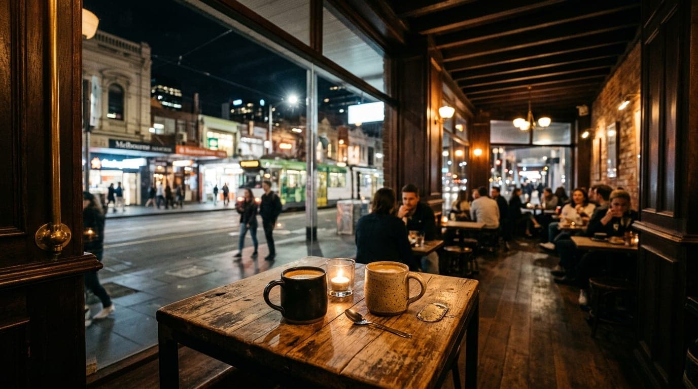 A wide, warm-toned shot of a cozy Melbourne coffee shop at night. Two ceramic mugs sit on a rustic table, centered in a se...