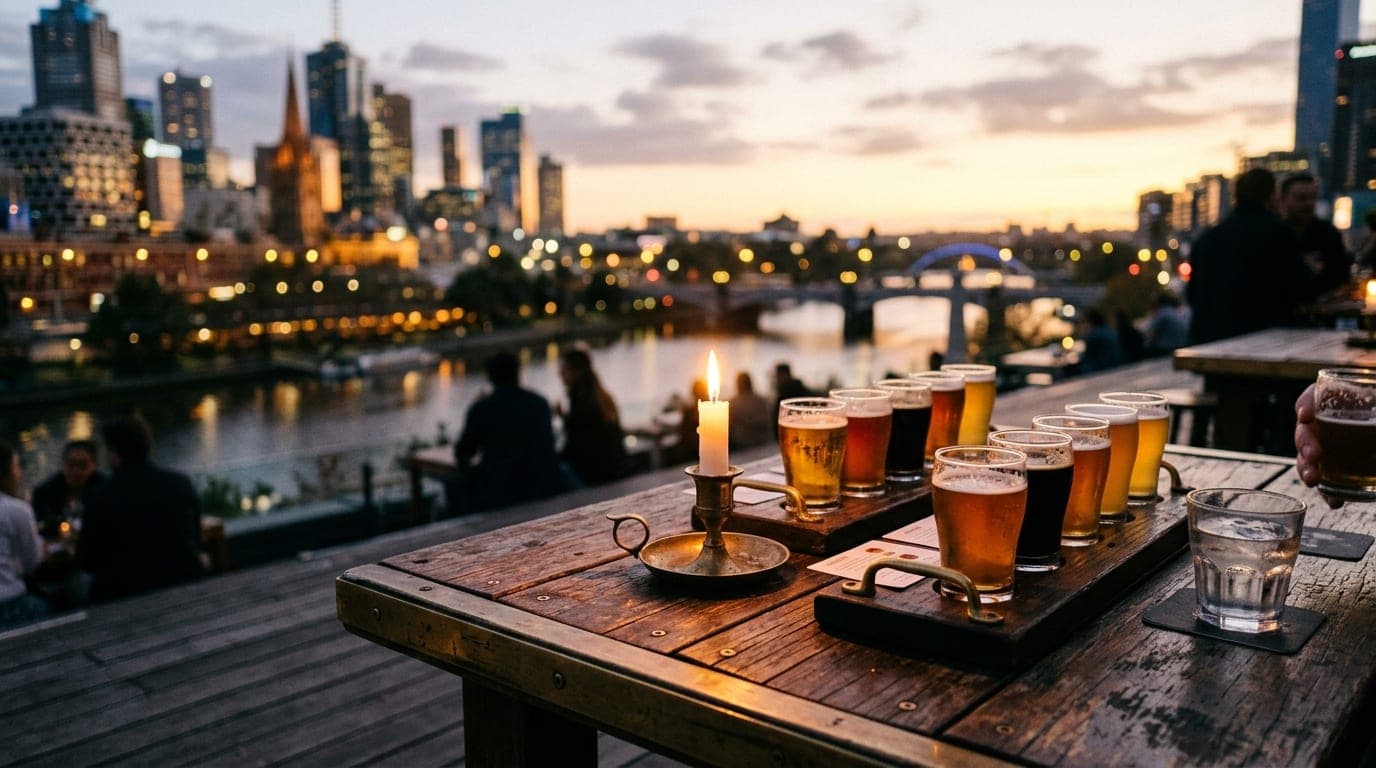 A medium shot, offset right, captures a weathered rooftop wooden table at sunset. Two half-full craft beer flights sit nea...