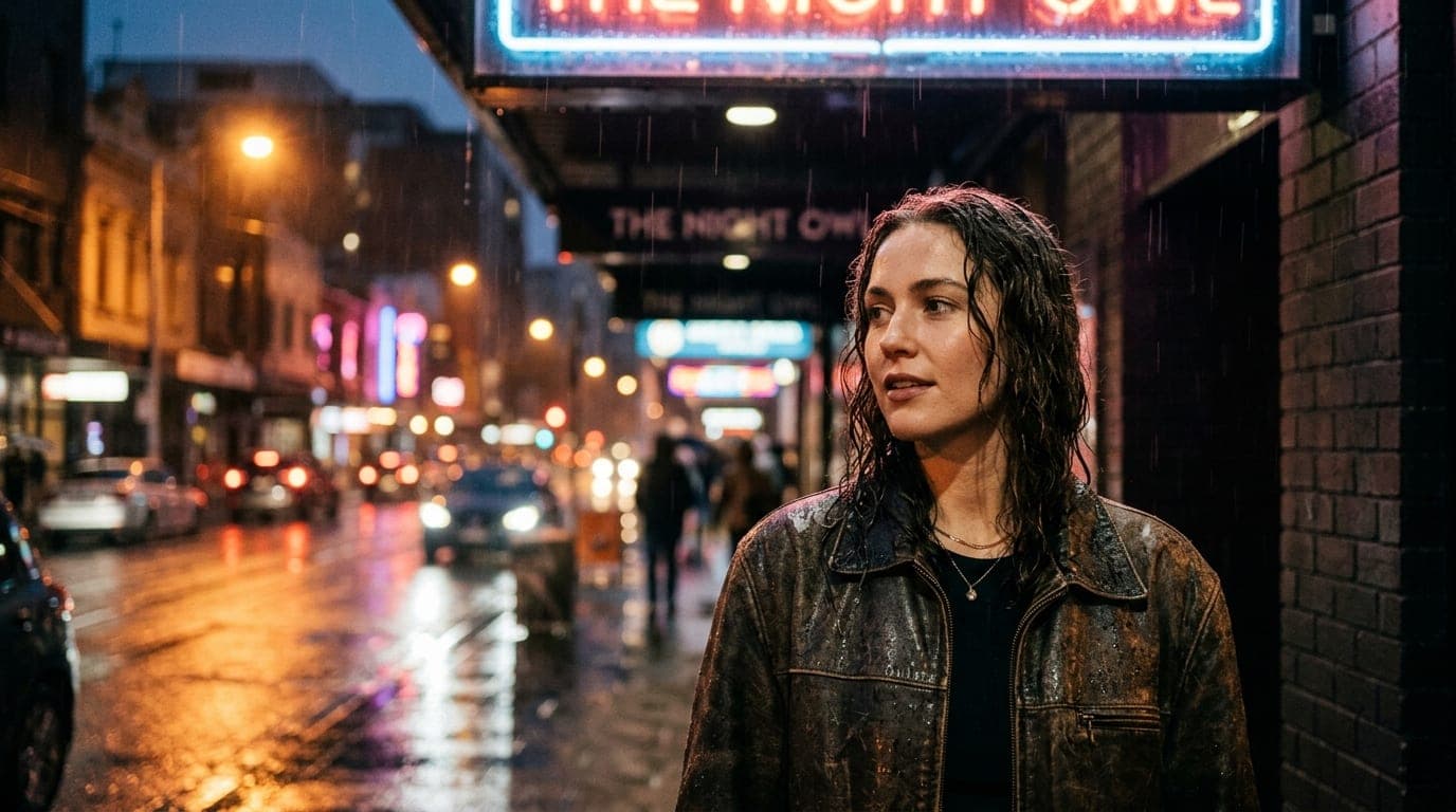 A 35mm documentary shot of a woman in a vintage leather jacket standing under a flickering neon sign outside a Melbourne d...