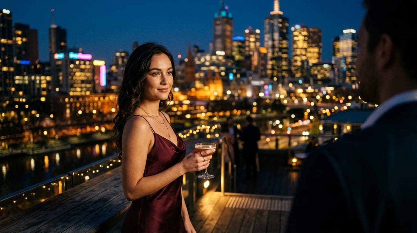 A woman in a silk slip dress stands on The Mansion’s dimly lit terrace. Beyond her, blurred, golden-hued downtown Melbourn...