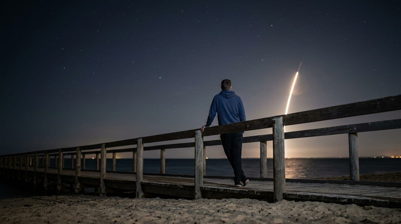 A low-angle shot from the sand of an empty Melbourne beach boardwalk at midnight. A man in a simple navy hoodie leans agai...