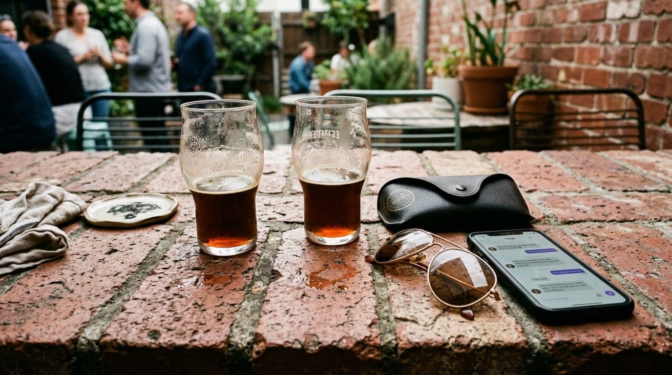 Overhead flat-lay on a weathered brick table at an EGAD brewery. Two half-empty craft beer glasses sit beside a smartphone...