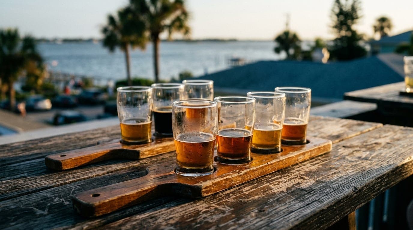 Golden hour sunlight hits two half-empty craft beer flights on a weathered wooden rooftop table at Pineapples. In the soft...