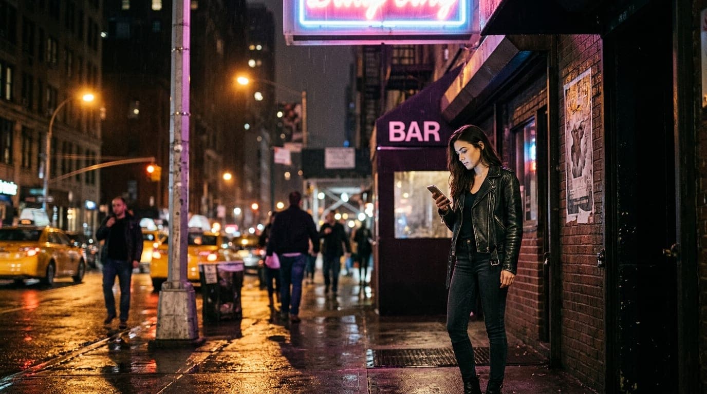 A woman in a leather jacket stands near a dim Midtown dive bar entrance. A blurred neon sign glows above, lighting the rai...