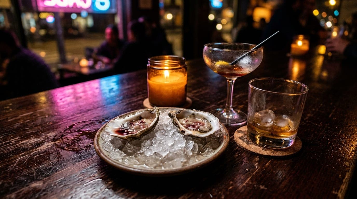 A 100mm macro shot, tightly cropped on a dark, mahogany bar top at The Cove. Two half-eaten oysters on crushed ice rest be...
