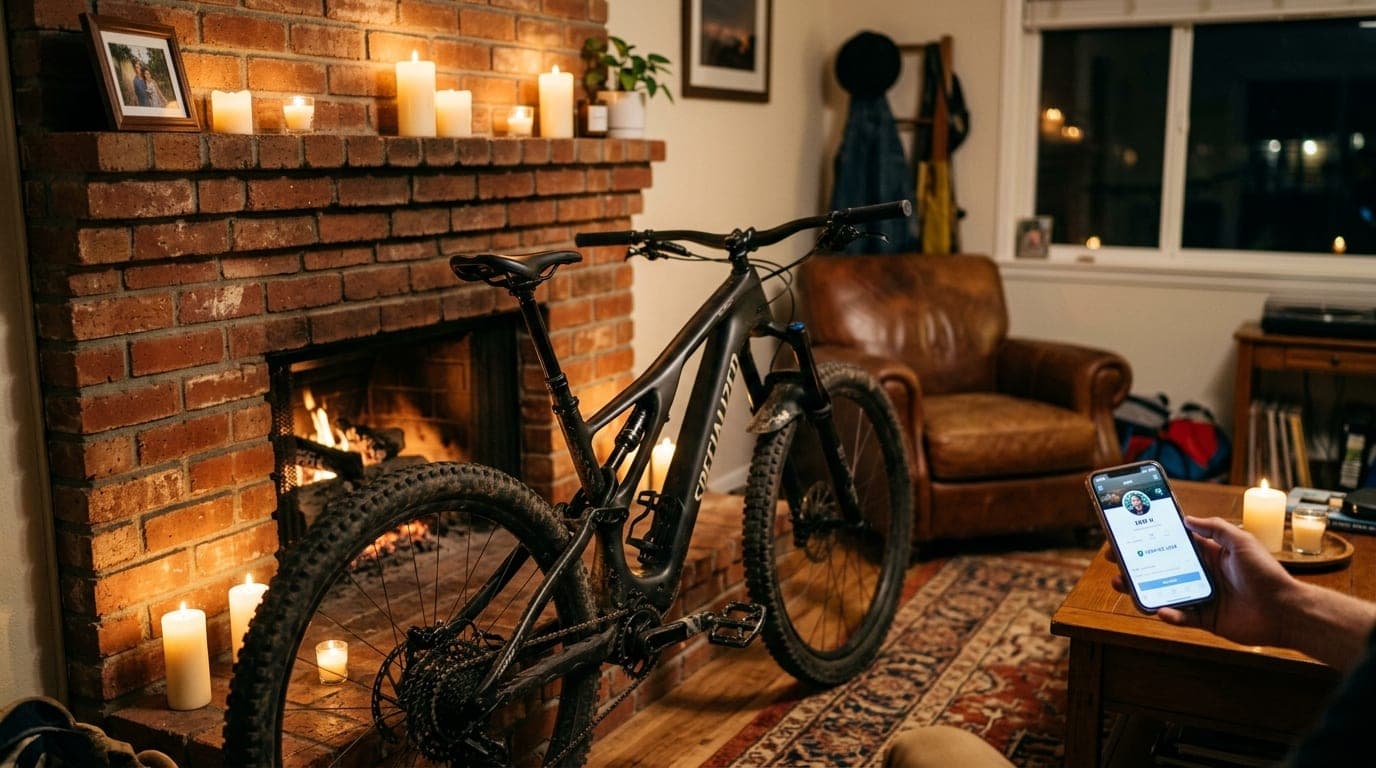 A medium shot, candle-lit interior of a Meridian suburban living room. A sleek mountain bike rests against a brick firepla...