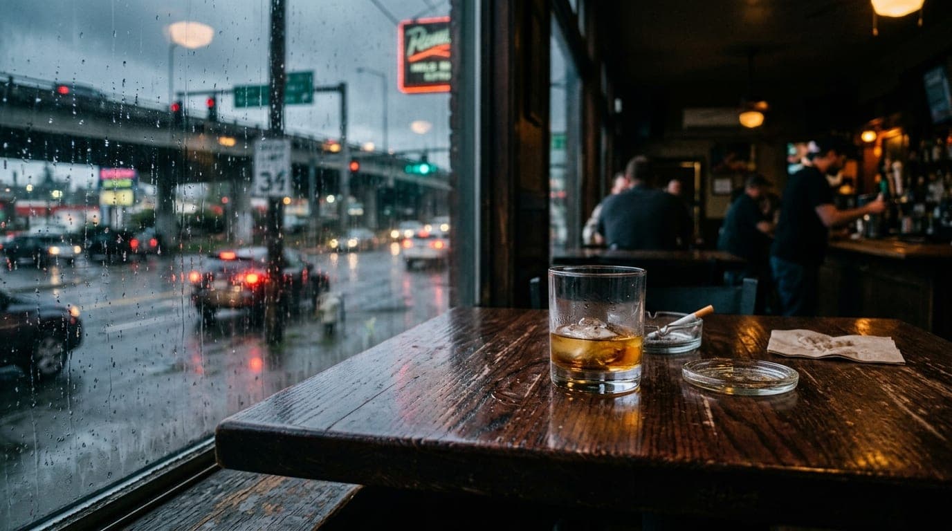 A 35mm documentary wide shot of a dimly lit hotel bar near the I-84 interchange. A half-finished bourbon sits on a dark ma...