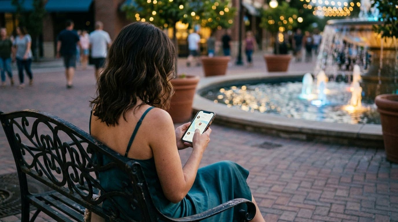 A woman in a silk slip dress sits on a wrought-iron bench at The Village at Meridian, holding a smartphone showing an acti...