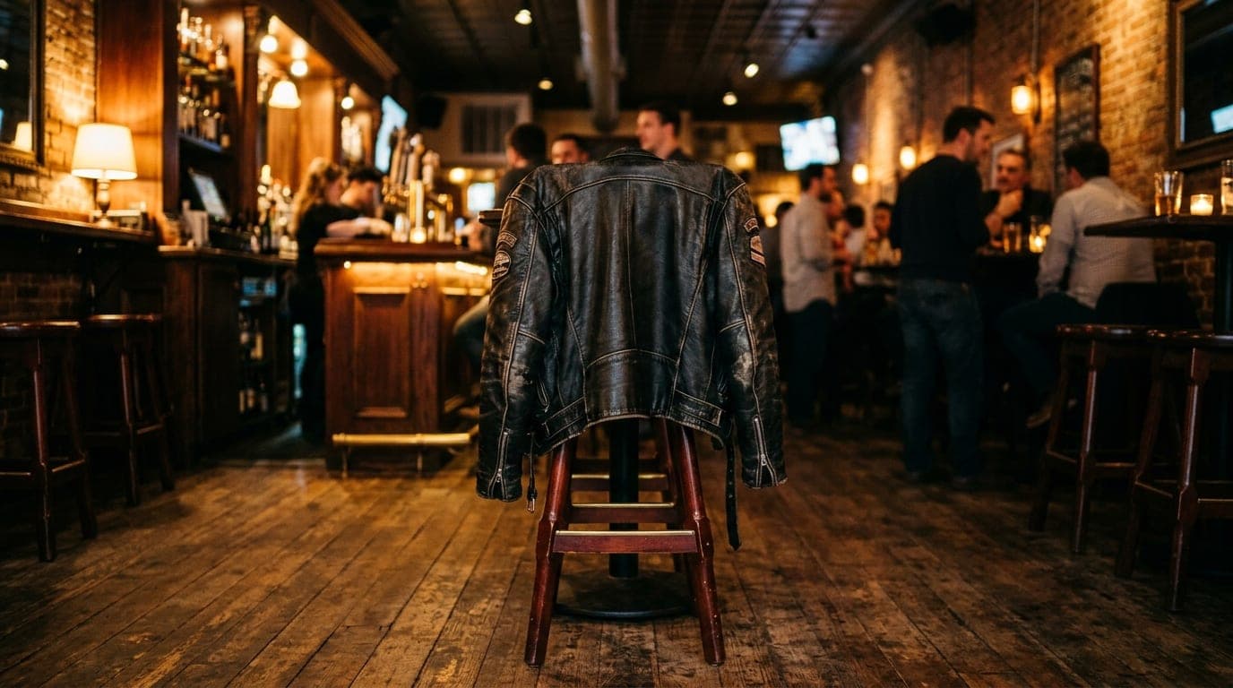 A low-angle, 24mm wide-angle shot of a leather motorcycle jacket draped over a polished mahogany bar stool at Eight Thirty...