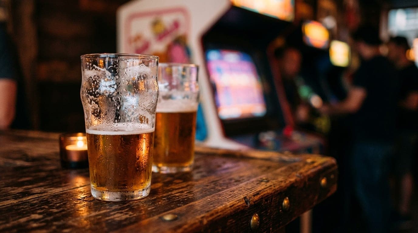 A macro close-up of two half-poured craft beers on a rustic wooden counter at The Grid, with a glowing, blurred arcade cab...