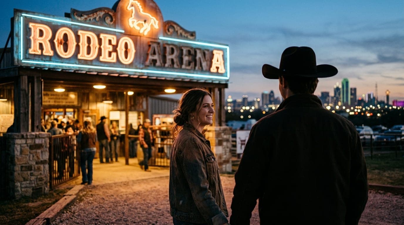 The weathered, neon-lit signage of the Mesquite Championship Rodeo arena glows softly in the blue hour, offset left agains...
