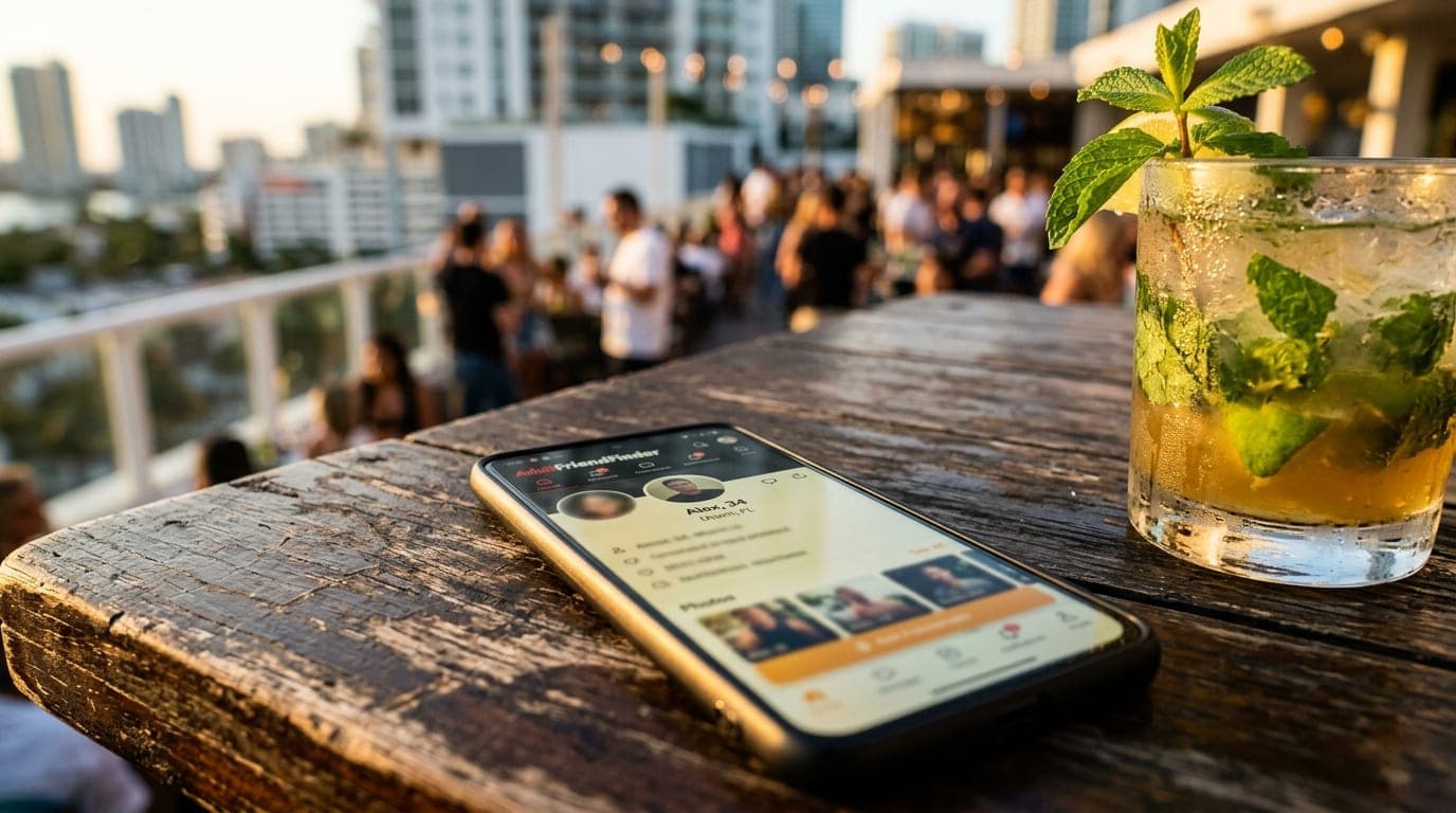 Extreme close-up, tilt-shift focus on a smartphone screen showing an active AFF profile, resting on a weathered wooden tab...