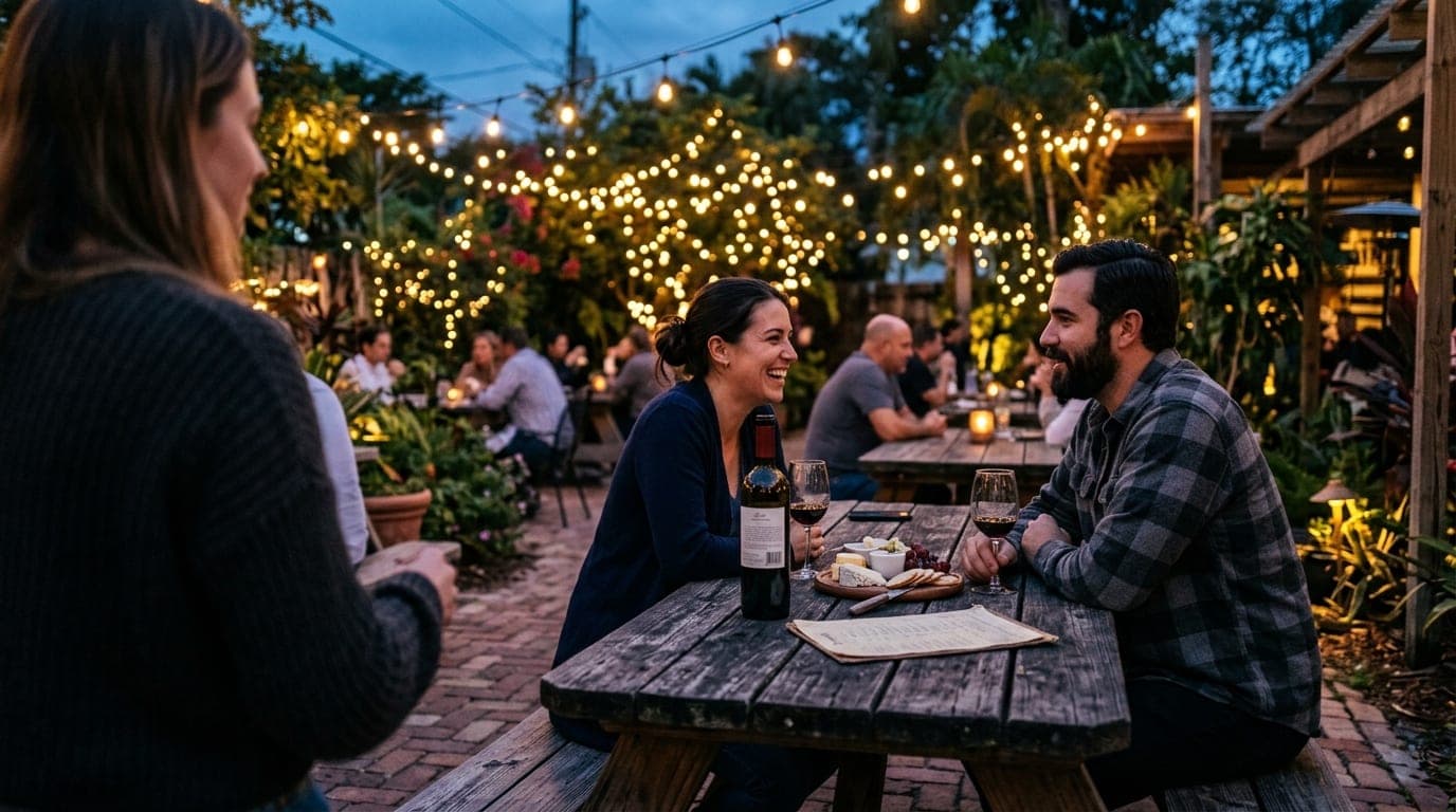 A couple sits at a weathered picnic table at Lagniappe during blue hour. A half-empty bottle of red wine and a cheese plat...