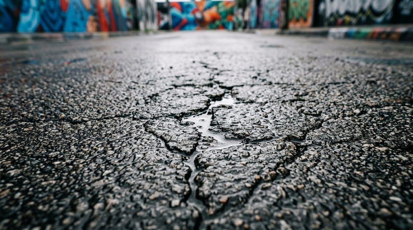 A tight, 100mm macro flat-lay of wet, textured asphalt pavement on a Wynwood street during an overcast morning, capturing...