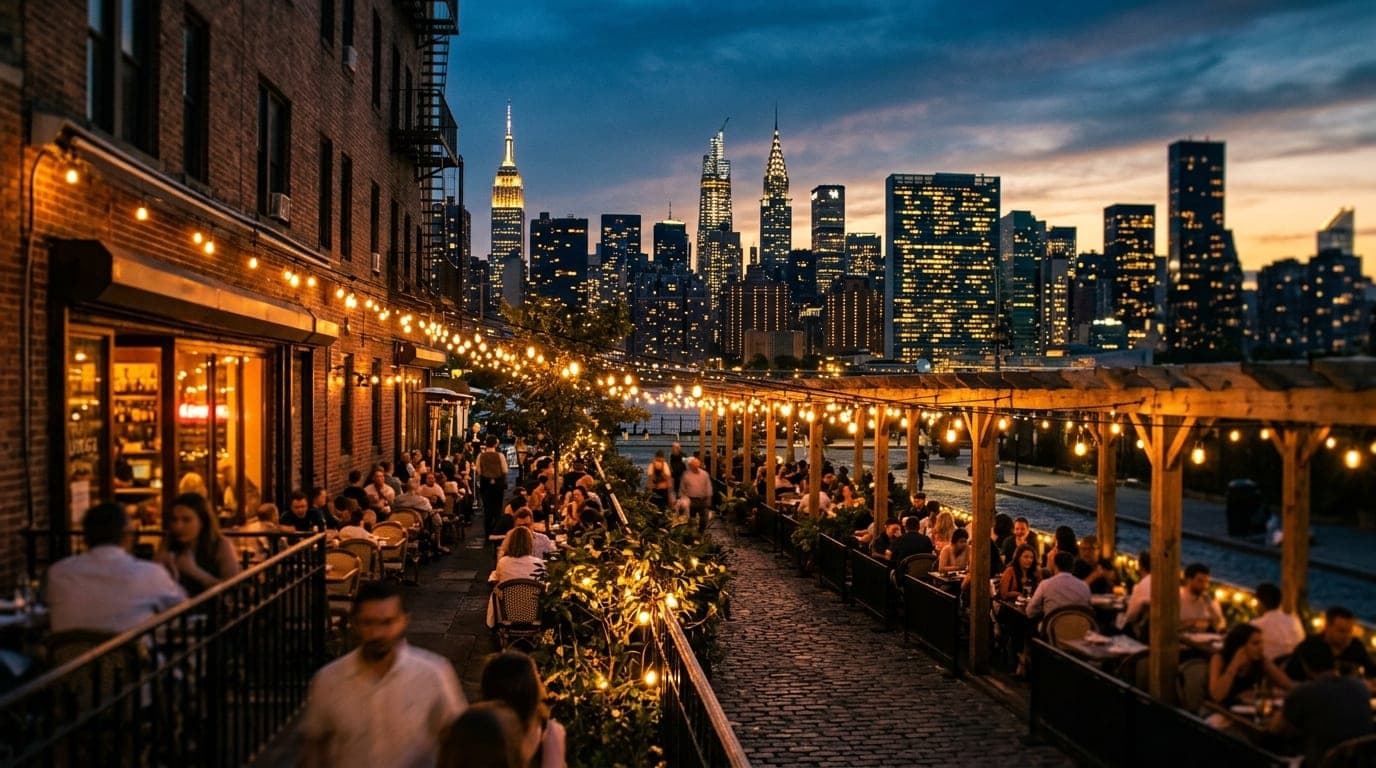 A wide, tilt-shift establishing shot captures the twinkling, warm-lit outdoor patio of a Midtown bistro at dusk, with lead...