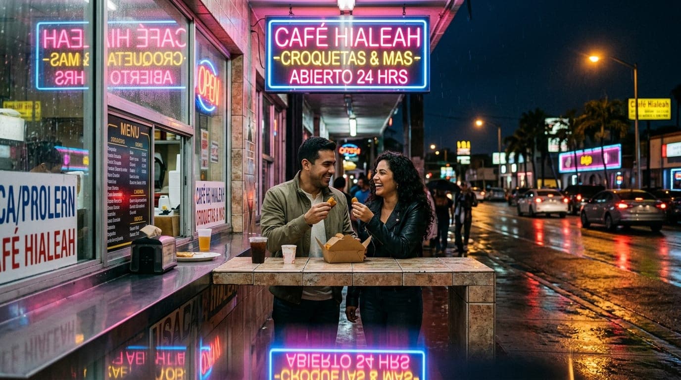 A centered, low-angle shot of a man and woman sharing a box of warm croquetas at a tiled Hialeah window counter, rain-slic...