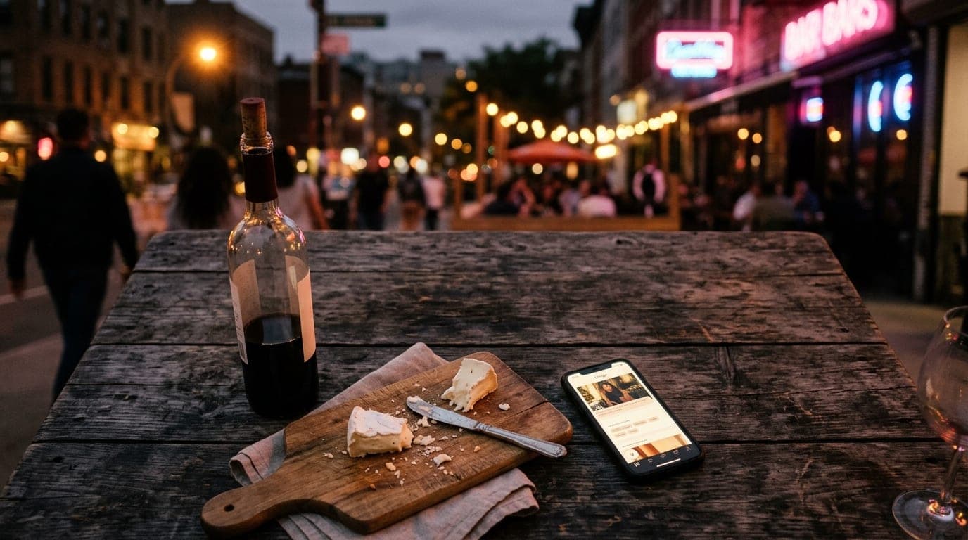 An overhead flat-lay of a half-empty bottle of red wine, a small board of scattered brie, and a smartphone showing a Hinge...