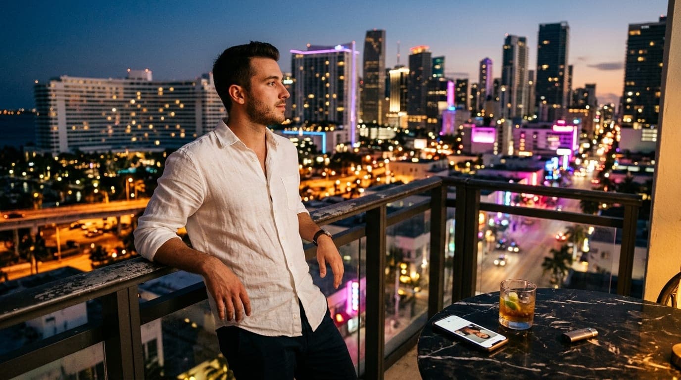 A person in a crisp white linen shirt leans against a balcony railing overlooking the illuminated Miami skyline. A smartph...
