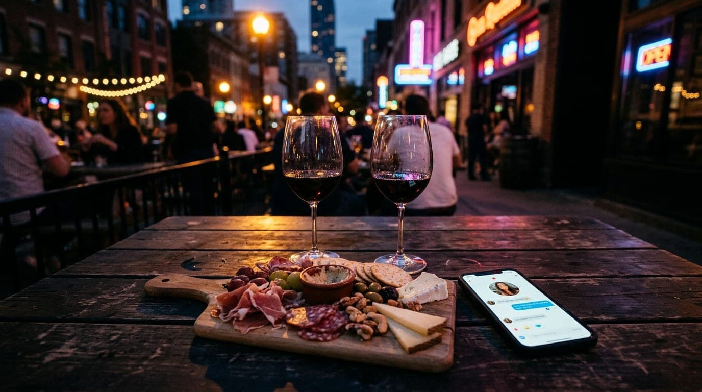 Overhead flat-lay on a dark wooden patio table at night: two half-empty glasses of red wine, a partially eaten charcuterie...