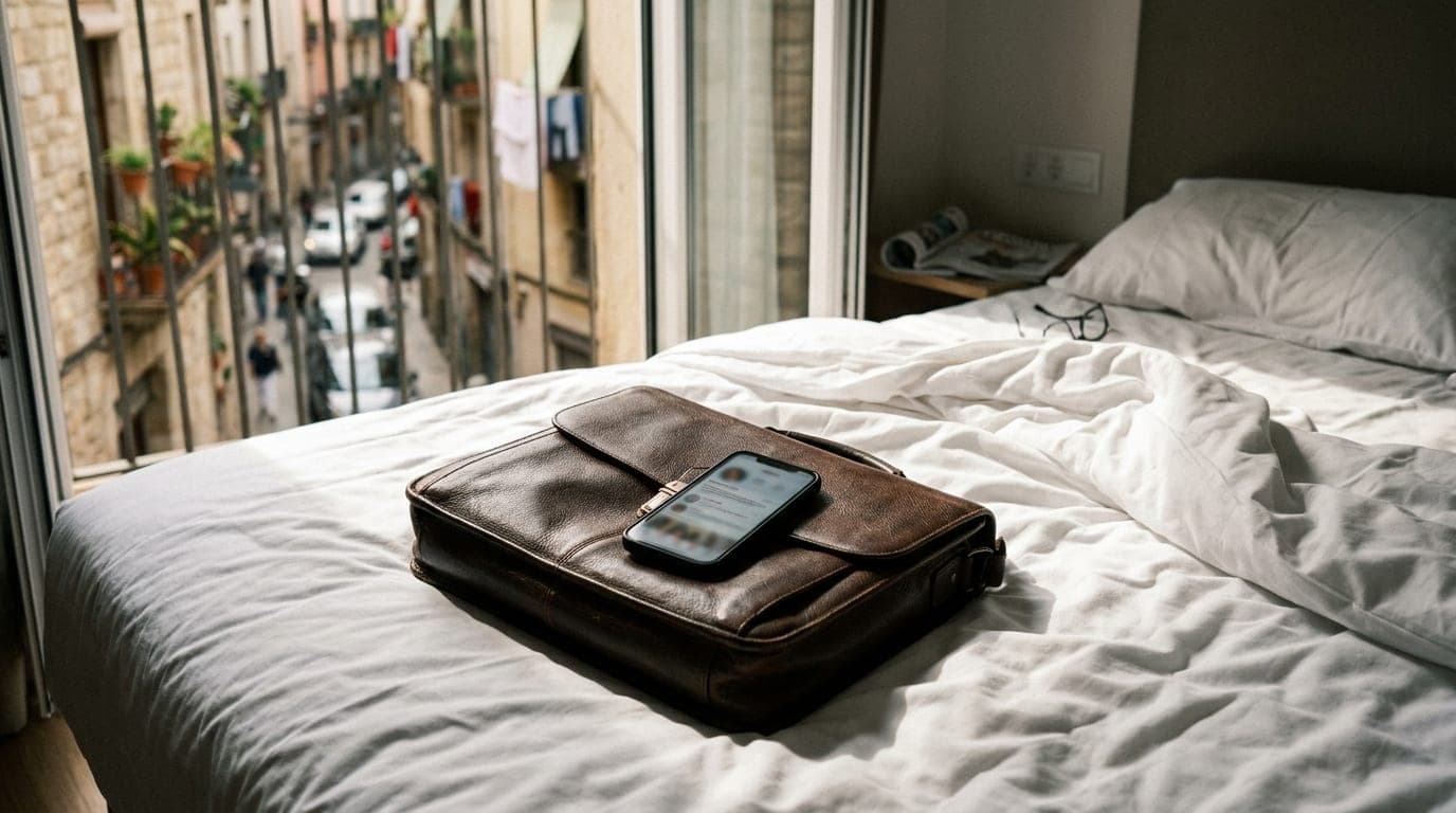 Noon natural light streams through a hotel window onto a crisp, white unmade bed. A black smartphone sits atop a leather b...