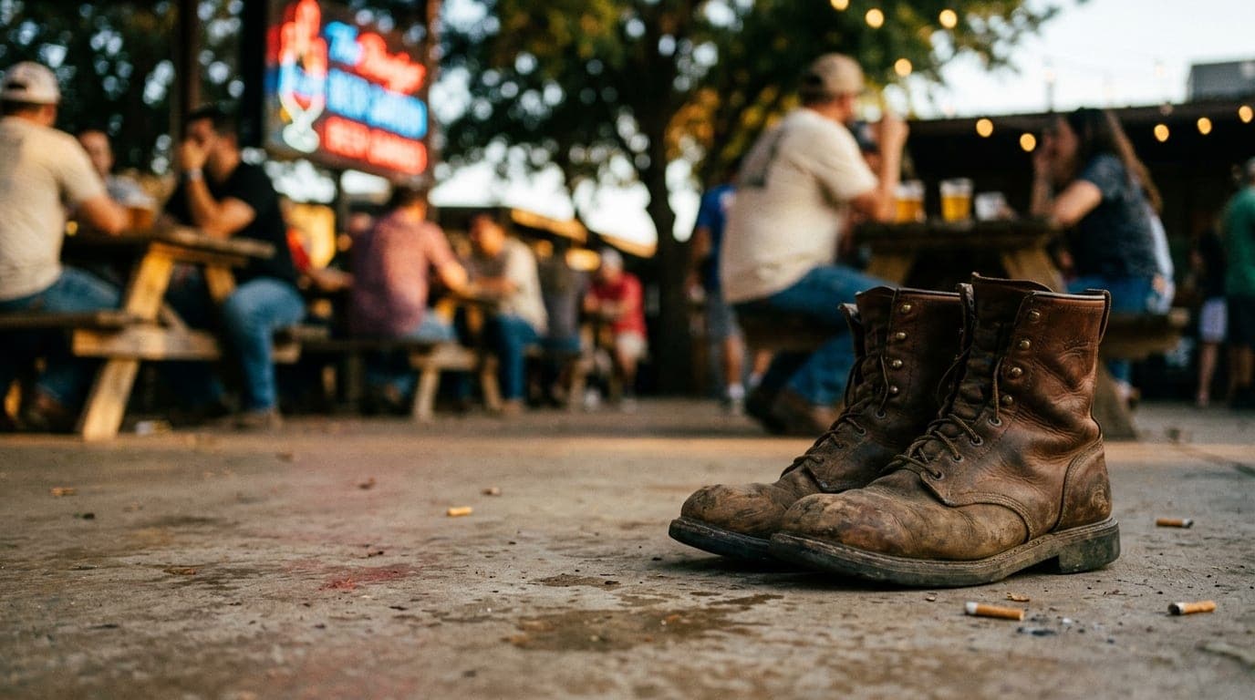35mm documentary shot, late afternoon. A pair of worn leather work boots rest on the concrete floor of a bustling Midland...