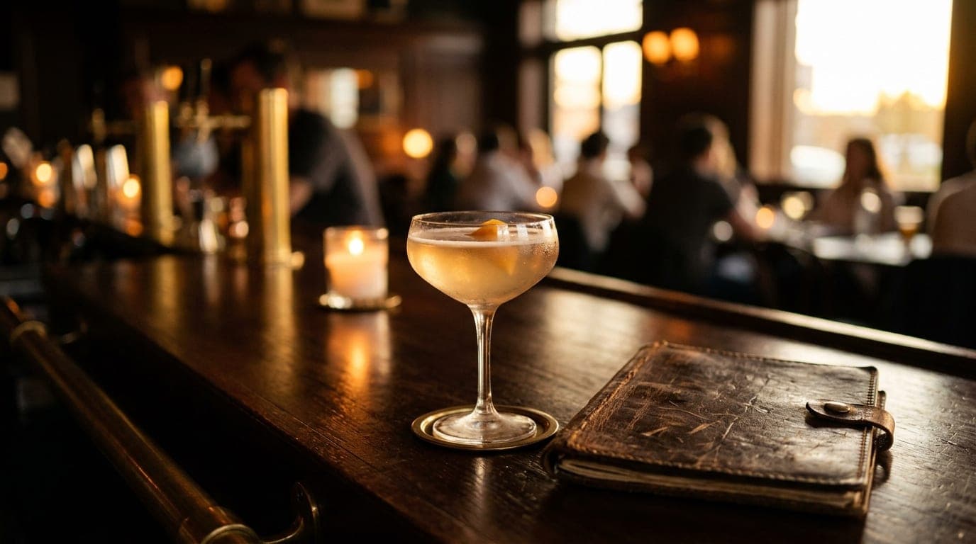 A single vintage leather-bound cocktail menu rests on a dark, polished bar top. Next to it, a chilled coupe glass catches...