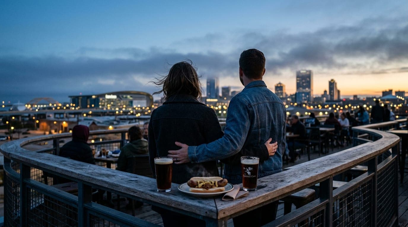 Over-the-shoulder view of a couple standing on a Milwaukee Public Market patio at blue hour. A steaming bratwurst and two...