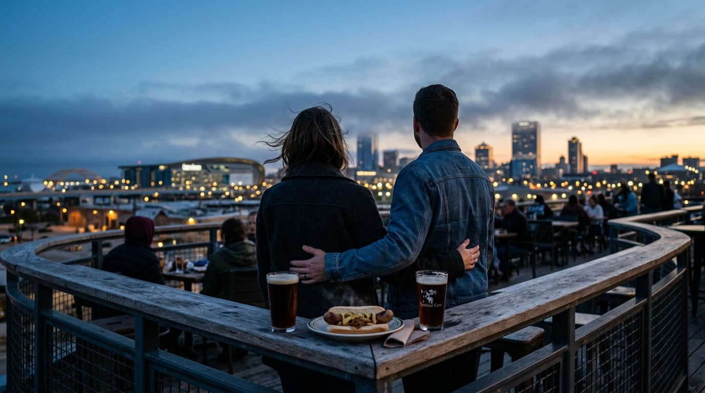 Over-the-shoulder view of a couple standing on a Milwaukee Public Market patio at blue hour. A steaming bratwurst and two...