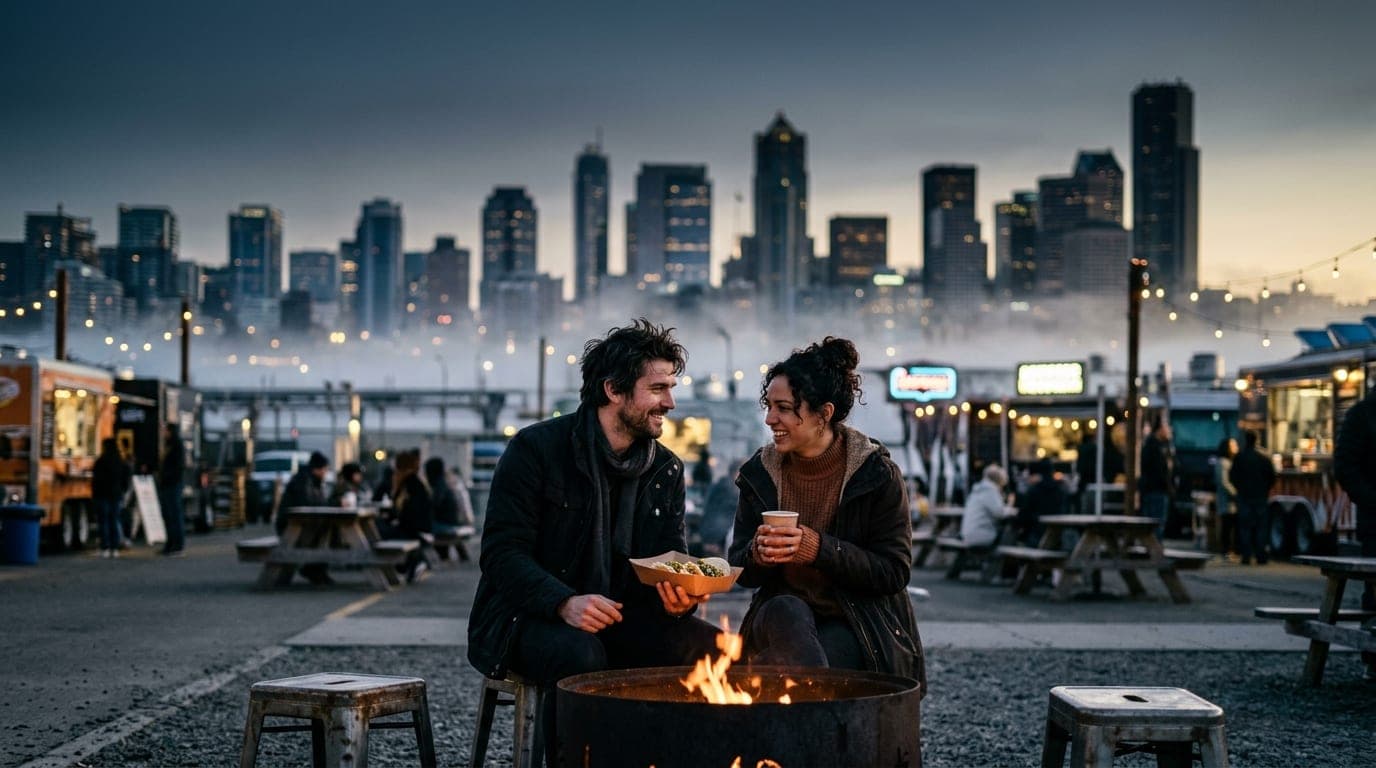 A couple sits on a metal stool beside a glowing fire pit at Zocalo Food Park. One holds a paper taco tray. The midnight ci...