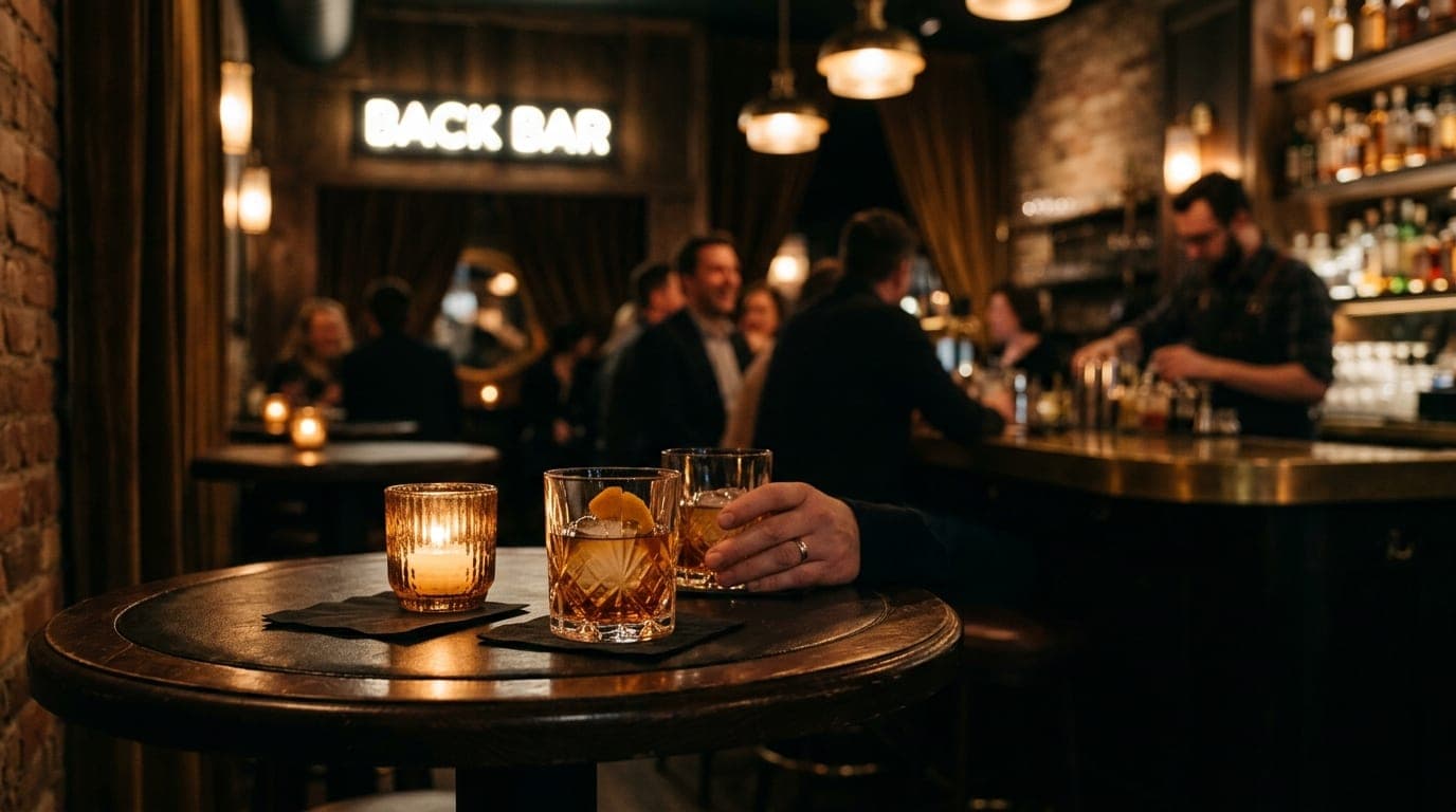 An 85mm shot inside Young Joni’s Back Bar at night. Two crystal tumblers sit on a dark, leather-topped table offset left....