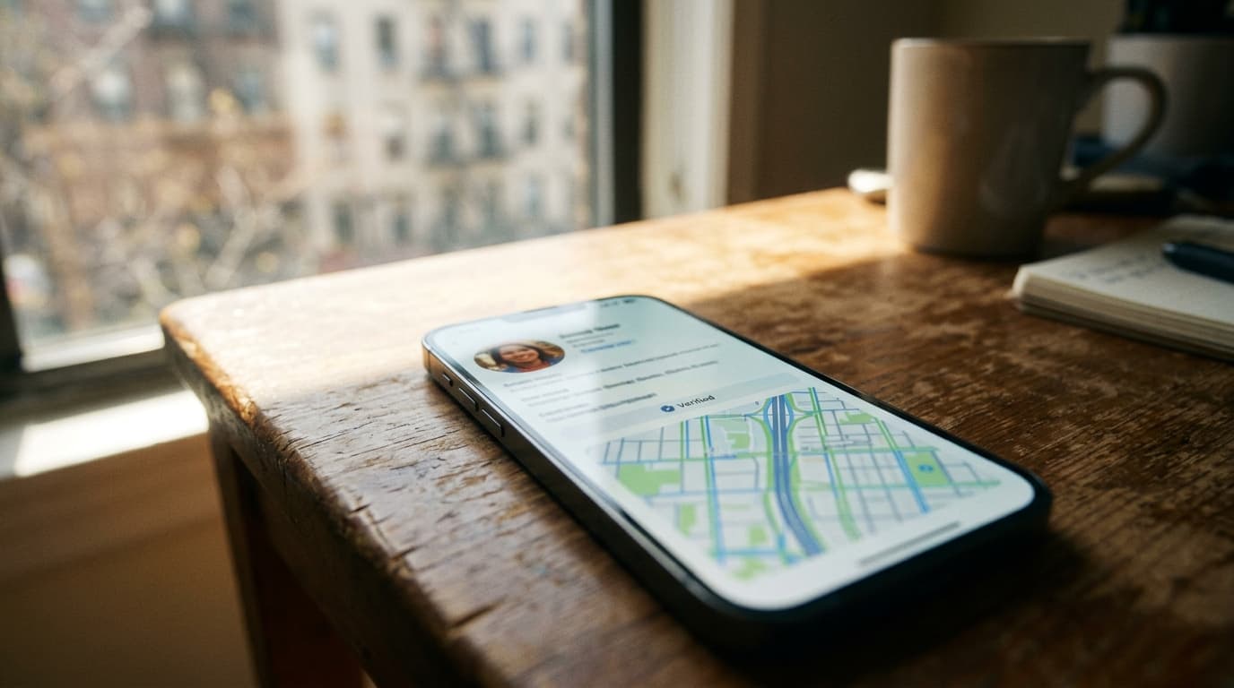 Noon natural light streams through a window, illuminating a smartphone on a wooden desk. The screen displays a verified da...