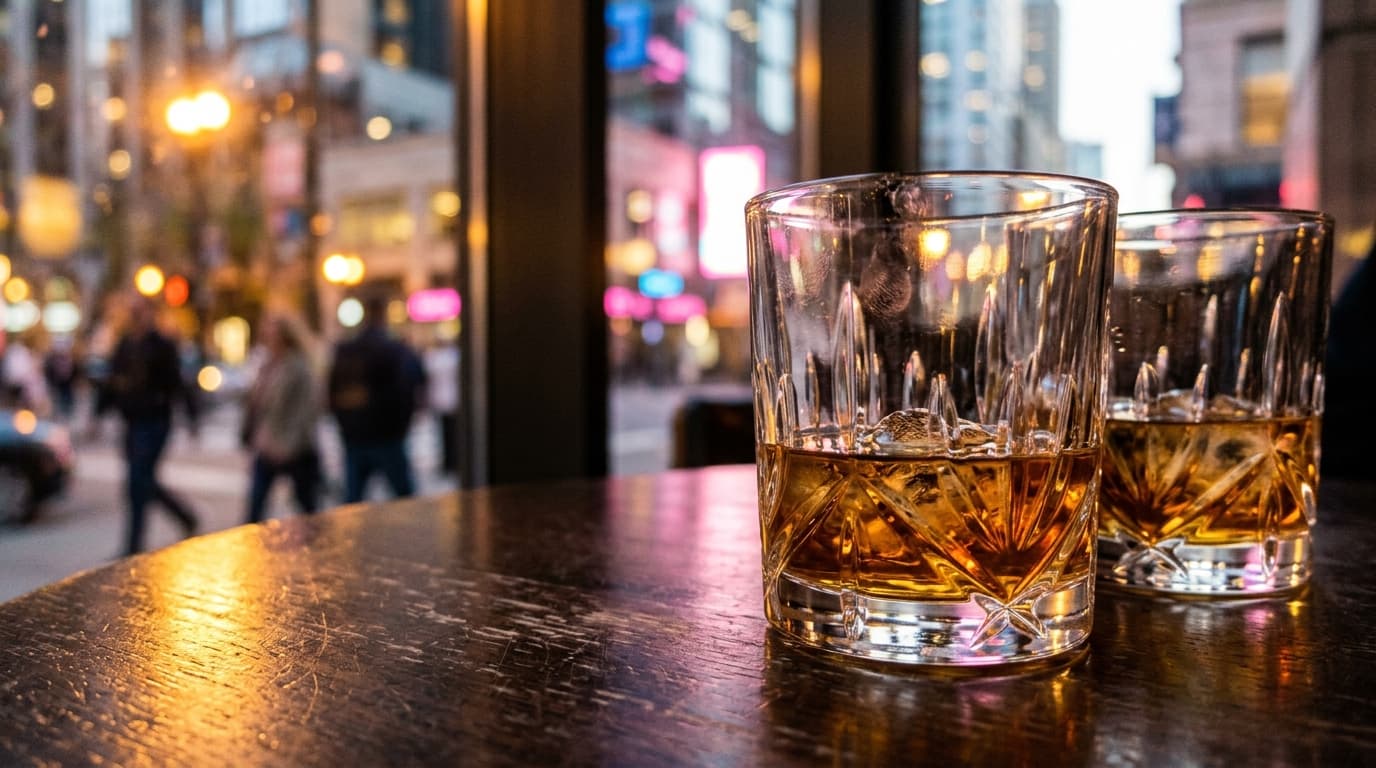 Extreme close-up macro, 35mm documentary style. Two crystal glasses of whiskey sit on a polished hotel bar table at the Co...