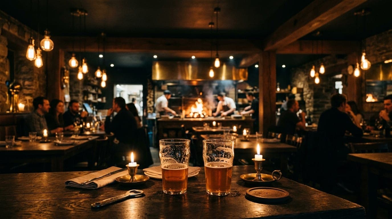 A wide shot of a rustic, wood-fired grill interior at dusk. A pair of half-empty craft beer glasses sits on a dark oak tab...
