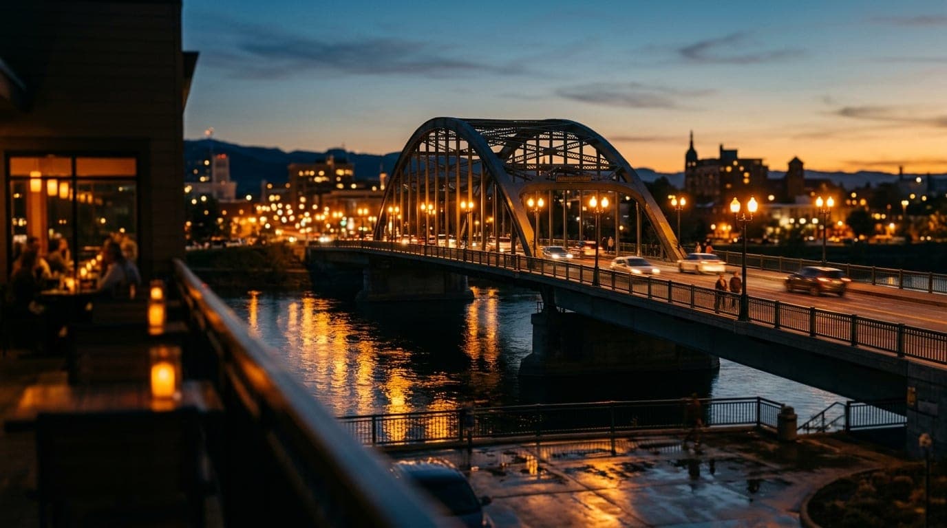 A medium shot, tilt-shift lens captures the Higgins Avenue Bridge at dusk. Warm golden streetlamp light reflects on the ri...