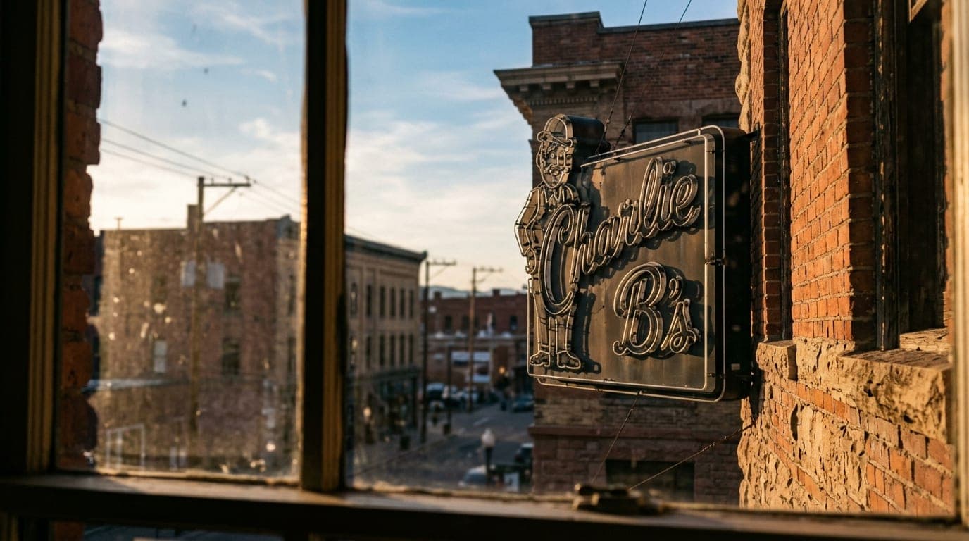 A close-up 35mm shot of the neon sign outside Charlie B’s, captured in natural noon light through a window, offset right,...