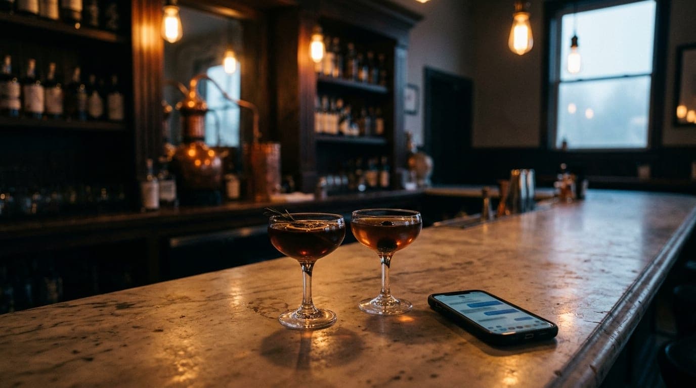 Wide establishing shot of Montgomery Distillery at night. Warm tungsten light spills across a marble bar top, highlighting...
