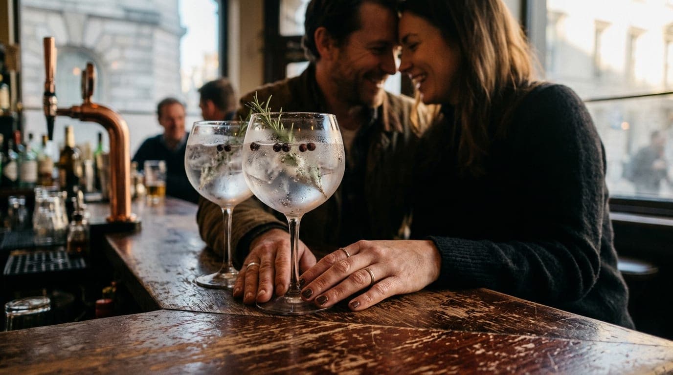 Golden hour sunlight illuminates two frosted gin glasses on a scarred wood bar inside The Haberdasher. A blurred couple le...