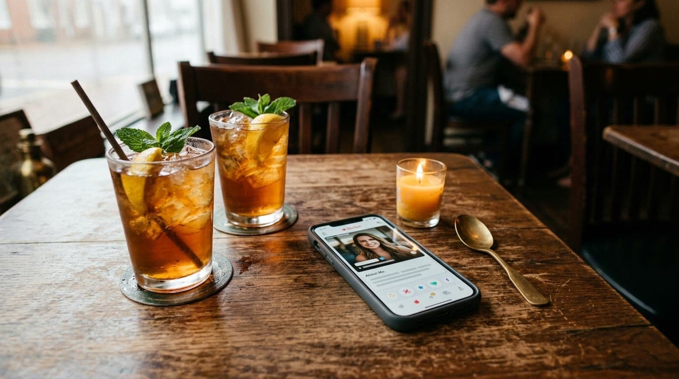 A 35mm documentary shot, overhead flat-lay. Two iced tea glasses sit on a weathered Dauphin Street bistro table next to a...