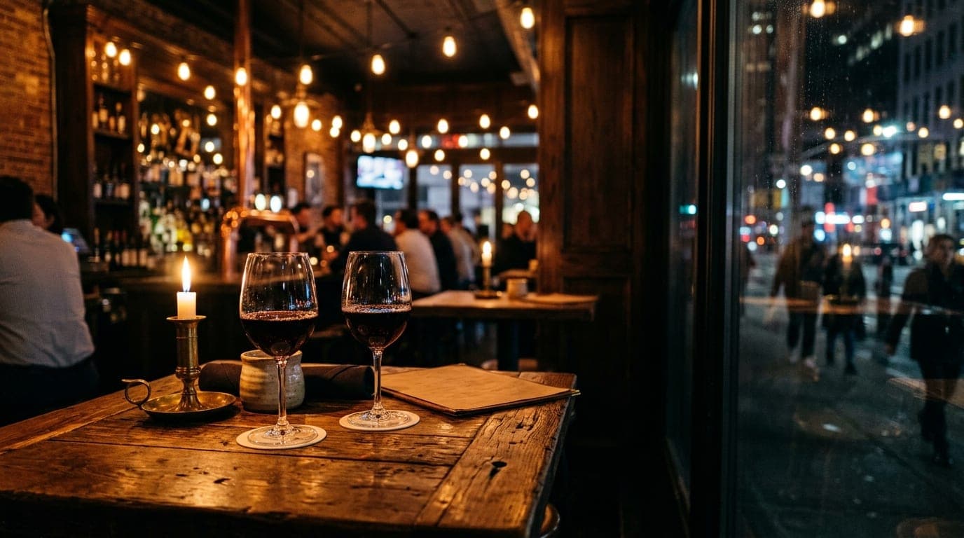 A wide 85mm shot, offset left, capturing two half-full wine glasses on a rustic wooden table at Red or White, illuminated...