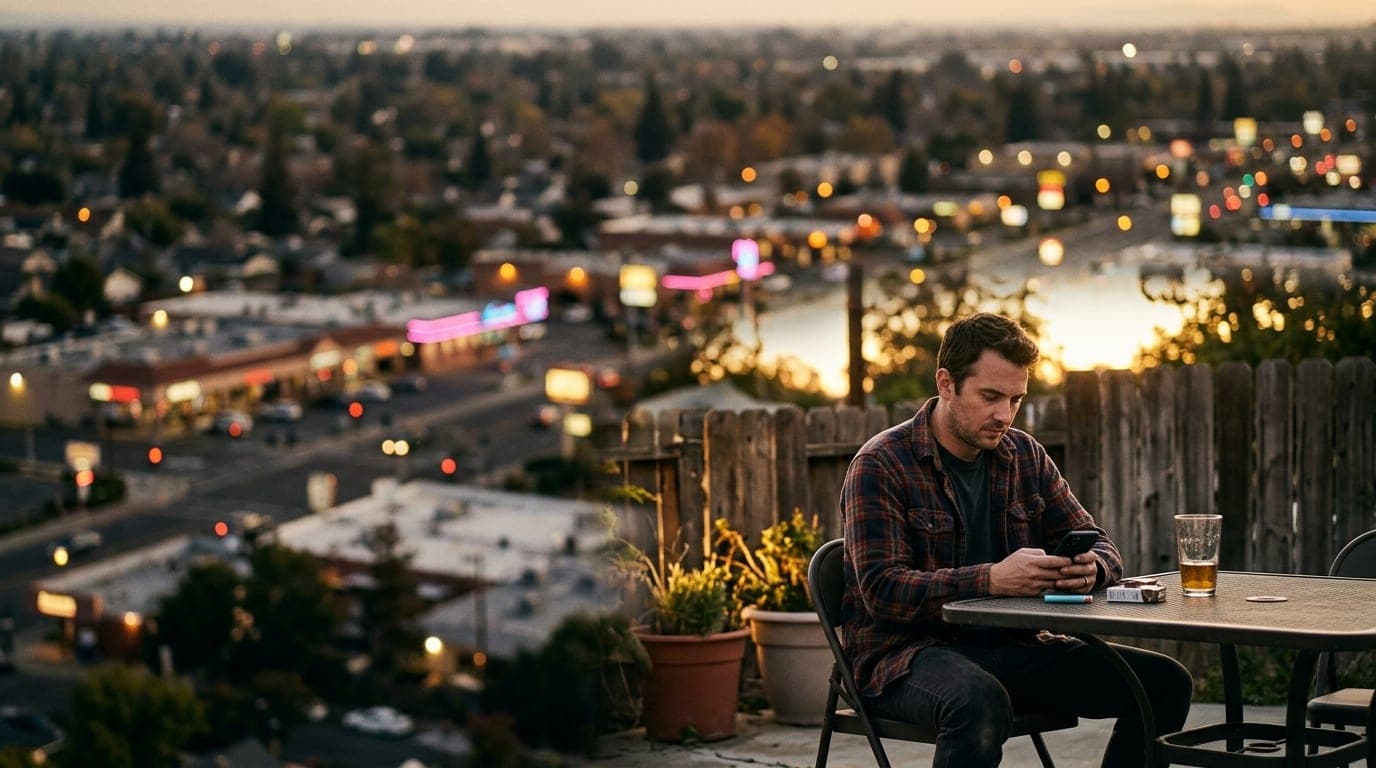 A man in a casual flannel shirt sits at a backyard patio table, illuminated by warm noon light, holding a smartphone. A bl...