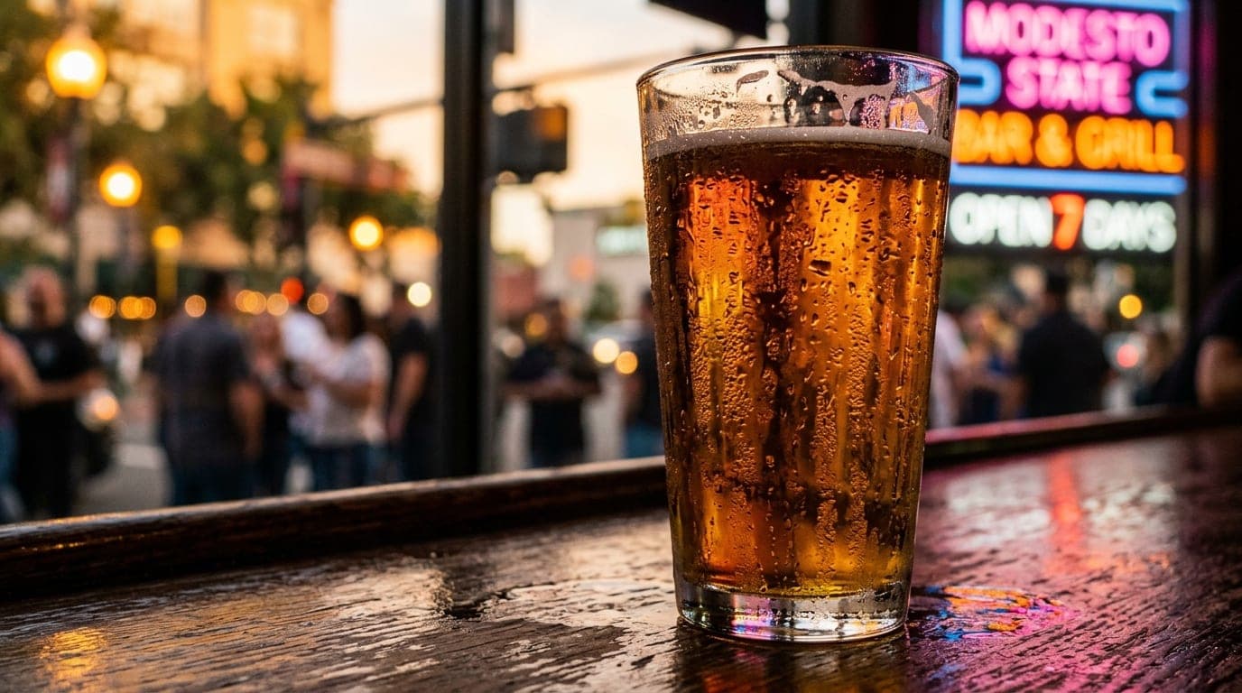 Extreme close-up 100mm macro shot of a condensation-beaded glass of amber craft beer resting on a polished dark wood bar,...