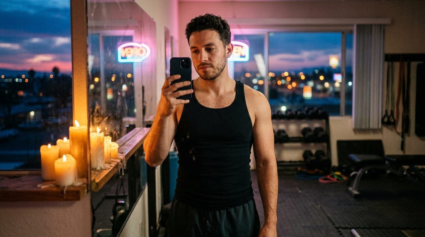 A candid mirror selfie of a man in a black tank top, taken in a dimly lit, candle-lit Moreno Valley home gym. The reflecti...